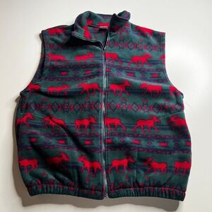 Vintage 90s Cityscape Moose Fleece Vest XL Green‎ Red Fair Isle Made in Canada
